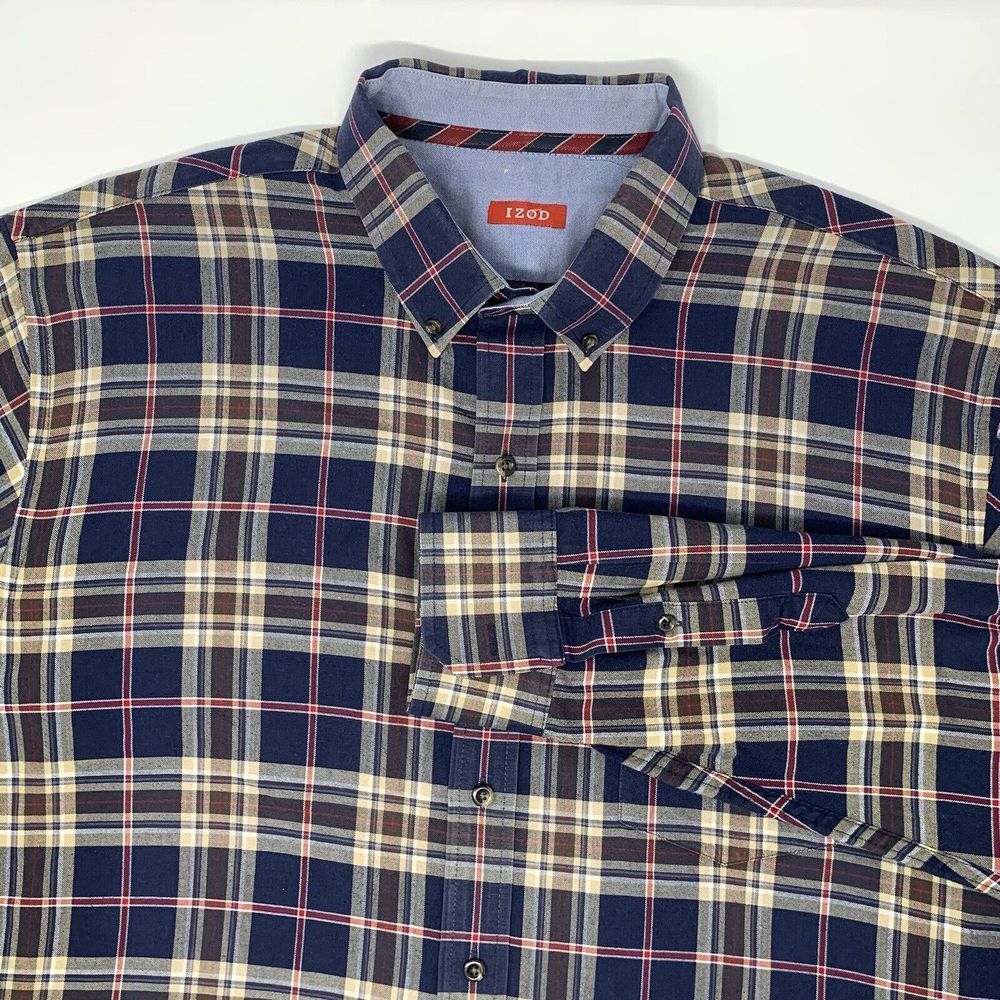 IZOD Navy Blue Plaid Long Sleeve Button Up Men's Shirt Size XXL